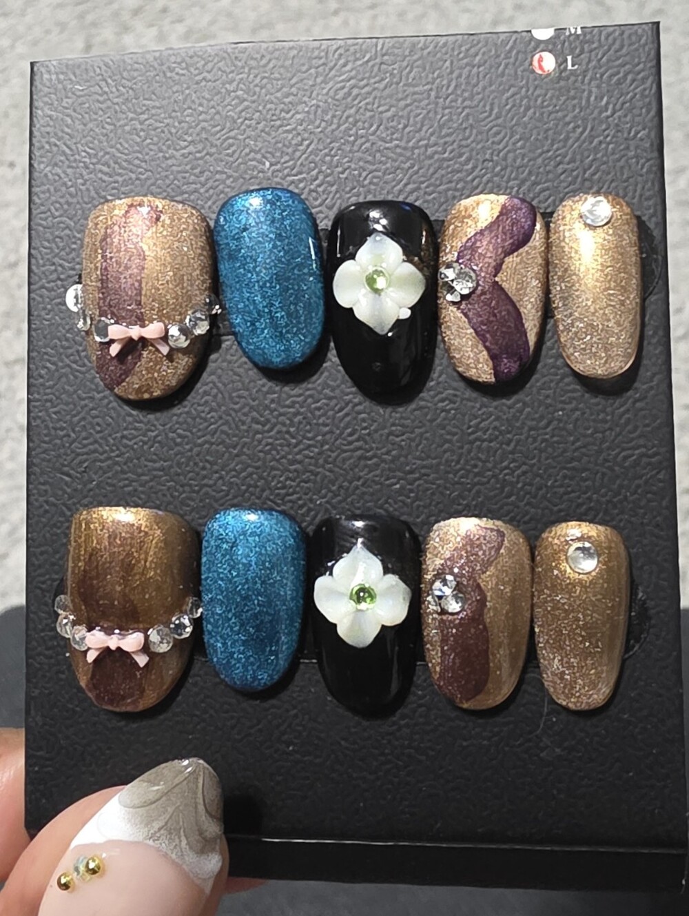 Handcrafted Multi-Color Press-On Nail Set with 3D Flower Accents